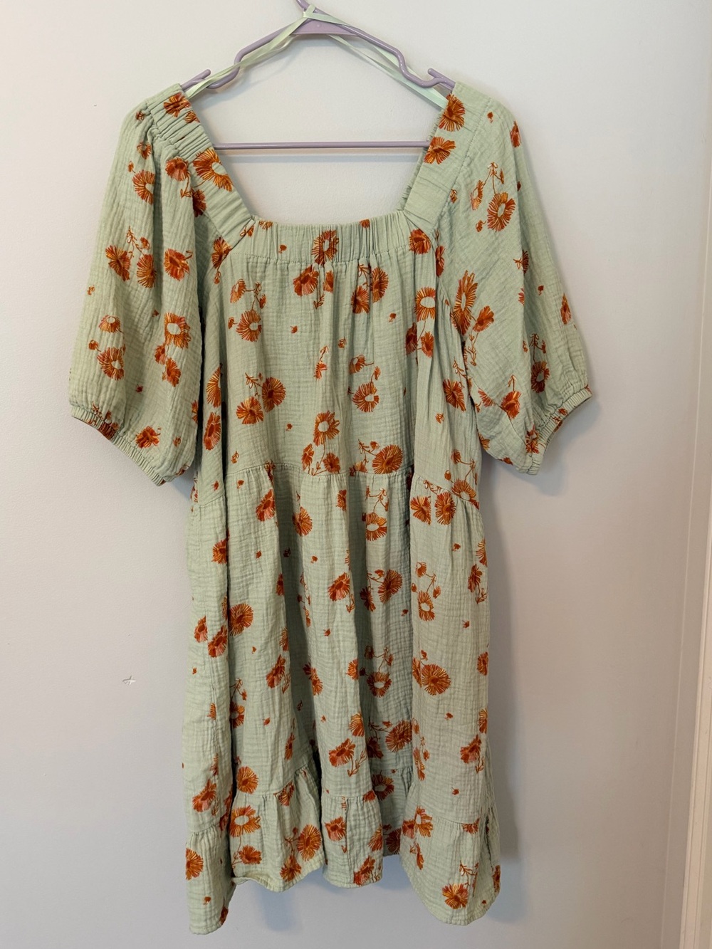 Wonderly Sage Floral Square-Neck Mini Dress with Rust Blooms